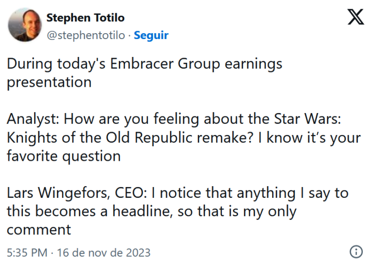 Read more about the article Embracer не стала комментировать ситуацию с ремейком Star Wars: KOTOR на встрече с акционерами